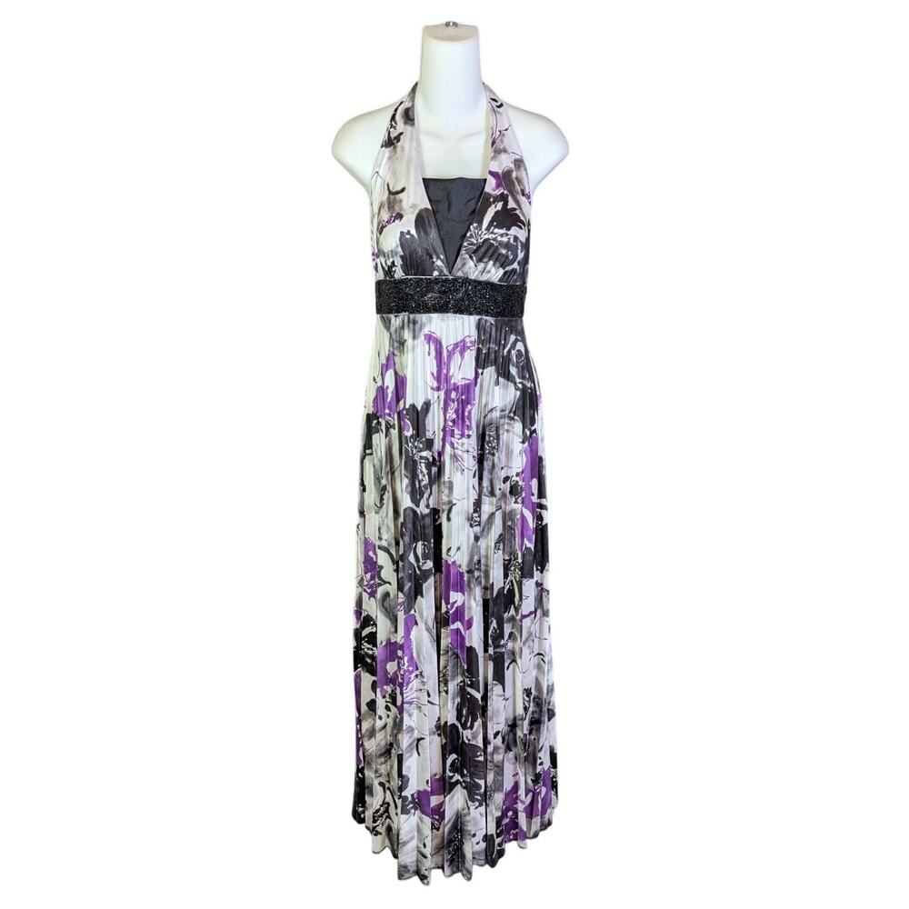 XOXO Halter Maxi Dress S Purple Black Floral Pleated Beaded Empire Formal